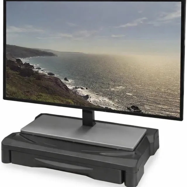 Famanu Monitorstandaard met A4-lade - Monitorverhoger Verstelbaar voor Bureau - Scherm Max. 32" Gewicht Max. Antislip Rubberen Voetjes voor Extra Stabiliteit Zwart