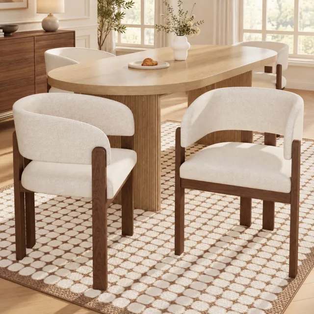 MODENUIT Eetkamerstoel Set van 4 - Met Armleuningen - Voor Eetkamer - Hout en Bouclé - Walnootkleur en Beige Walnootkleurig en beige