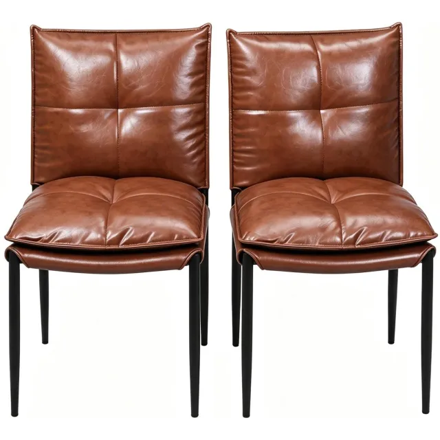 SONNENH Eetkamerstoelen set van 2 - Bruin kunstleer met vierkant stikpatroon - Zwart metalen poten Bruin met zwart onderstel
