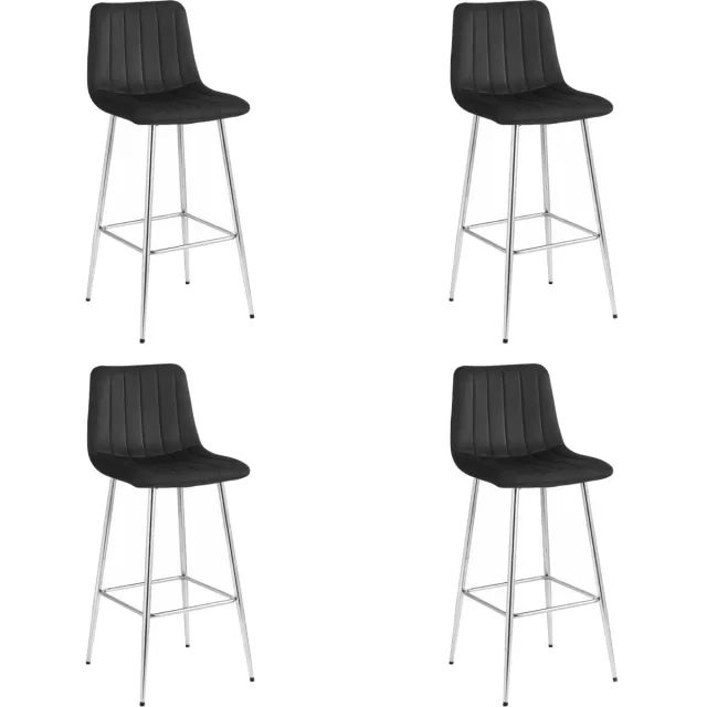 LEOBERT Set van 4 Barkrukken POZZA - Zwart Fluweel - Zilveren Metalen Poten - Moderne Barkruk met Rugleuning Zwart/Zilver