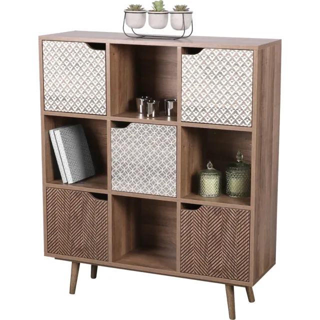 Urban Living "BAOBAB" boekenkast met 9 vakken en 5 versierde deuren 90 x 29 x H105 cm Bruin