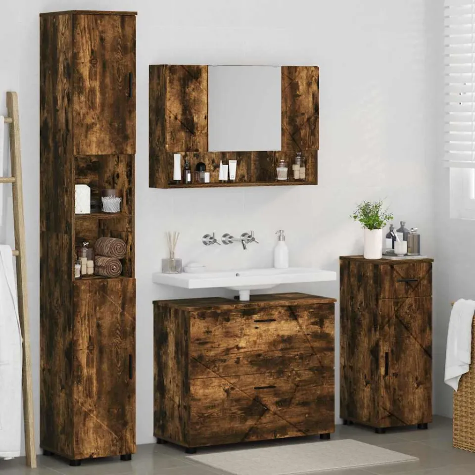 vidaXL Badkamermeubelset 4 st Gerookt eiken Geperst Hout en Metaal, foto 4