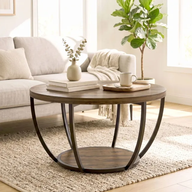 FloraGrace Salontafel - Rond Met Twee Niveaus En Opbergplank - Voor Woonkamer - Hout En Metaal - 80 X 80 X 43,8 Cm - Bruin Zwart