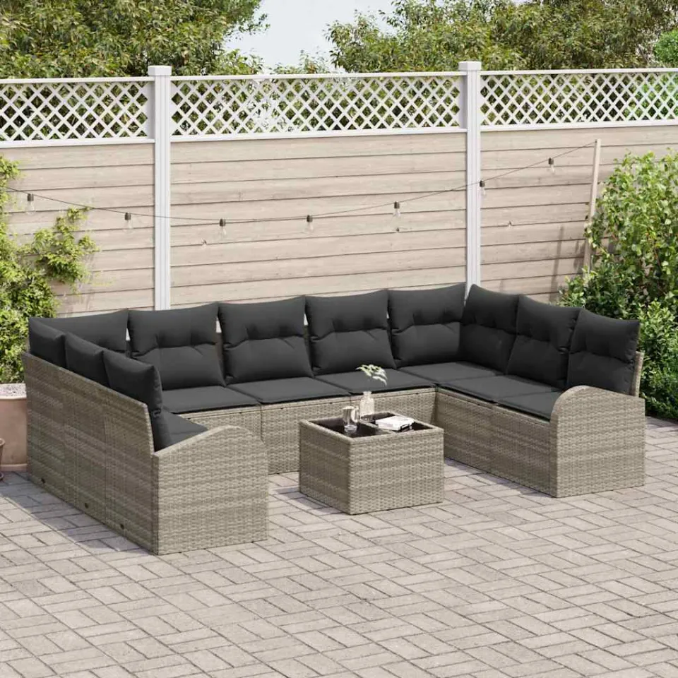 vidaXL Bankstel 10 st 9-zits Lichtgrijs poly rattan, foto 3