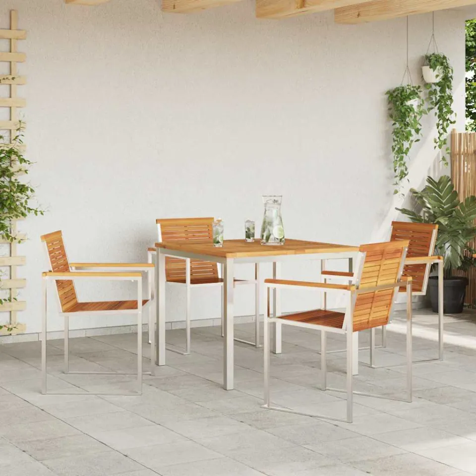 vidaXL Tuin eettafelset 5 st Massief acaciahout en roestvrij staal, foto 3