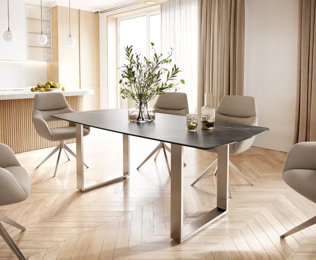 DELIFE Eettafel Edge Bootsform keramiek Laminam® Noir Desir bruin 200x100 roestvrij staal smal Noir Desir Braun