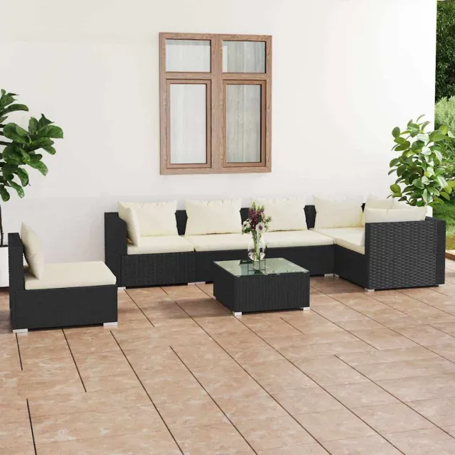 vidaXL 7-delige Loungeset met kussens poly rattan zwart, foto 2