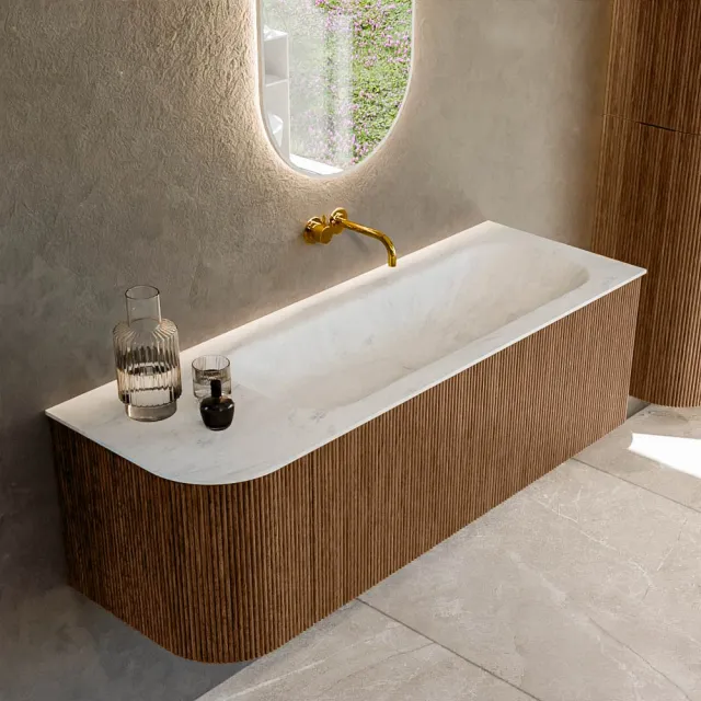 Mondiaz KURVE-DLUX 135 cm Onderkast Greeploos 1 Lade Met Deuren Walnut, Wastafel Solid Surface Rechts Opalo 0 Kraangaten Zonder Spiegel (KRVBGM135L1L1D0KR-Wal/Opa)