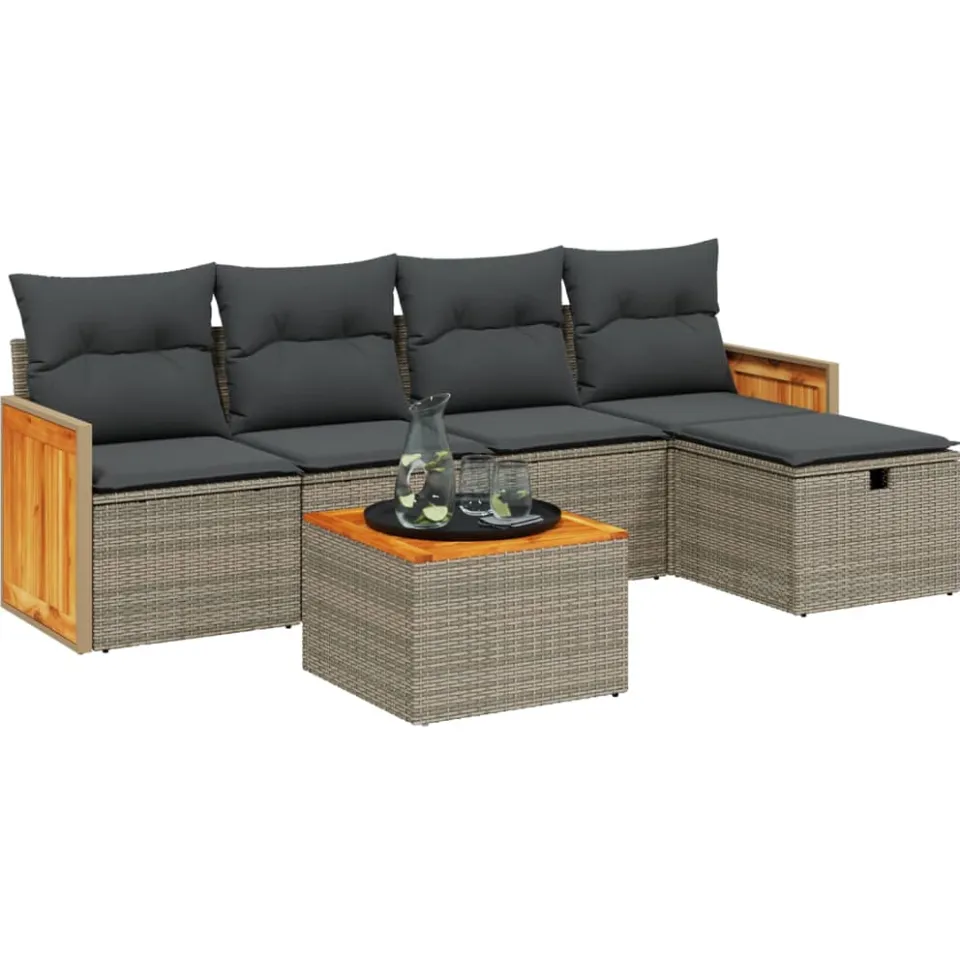 vidaXL 6-delige Loungeset met kussens poly rattan grijs, foto 3