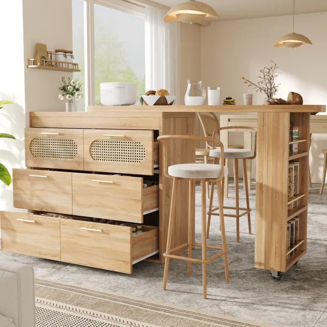 WUVRIE Uitschuifbare bartafel 128-203 cm - 360° draaibaar met 6 lades - Naturel