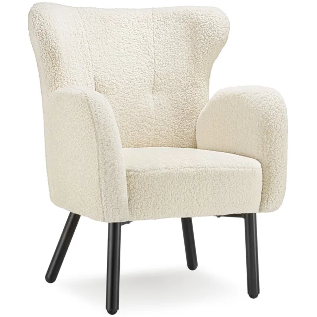 Tectake Fauteuil Vänersborg - Dik Gestoffeerde Relaxstoel met Bouclé Bekleding - Loungestoel met Armleuningen en Ergonomische Rugleuning - Relax Stoel voor Woonkamer - Beige / Crème - Zwarte Poten Bouclé crème/Zwart