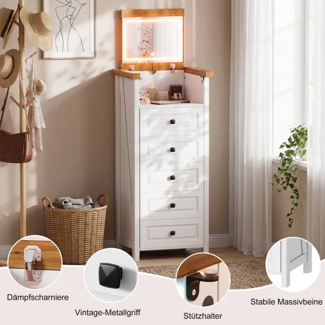 PEALOV Smalle make-uptafel met LED-spiegel-3 lichtkleuren-5 laden en opbergruimte-Kosmeticktafel voor slaapkamer-50x40x120 cm-Wit en bruin