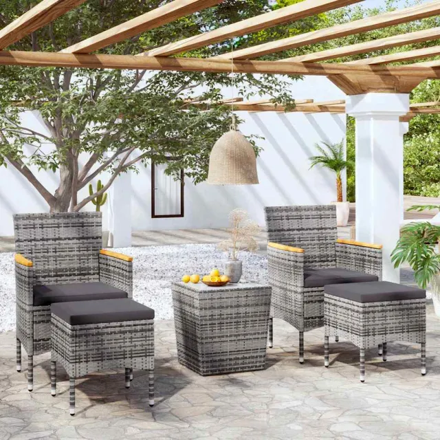 vidaXL 5-delige Bistroset poly rattan en gehard glas grijs, foto 2