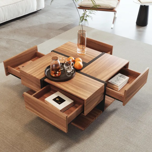 HAUSS SPOLE Salontafels 78x78x36 cm - Koffietafel Met Opbergruimte - Praktisch Lijnontwerp - Vierkant Vorm - Woonkamer Tafel - Spaanplaat - Natuurlijk