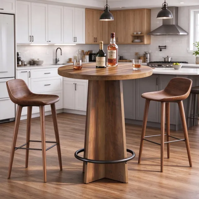 PHOEBE CAT Ronde Bartafel - Industriële hoge tafel - Houtlook - Metalen onderstel - Bruin (zonder stoelen)
