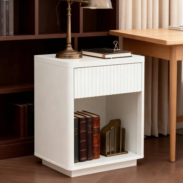 MEUNIQ Nachtkastje met lade en open vak, 55 x 40 x 63,5 cm, metalen geleiders, golffront en tafelblad tot 60 kg, wit
