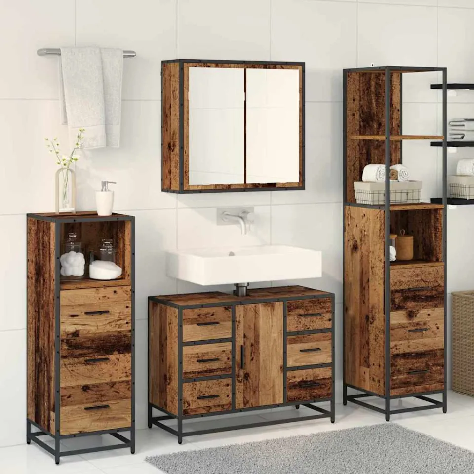 vidaXL Badkamermeubelset 3 st Oud Hout 80 x 33 x 60 cm Bewerkt hout bruin, foto 3