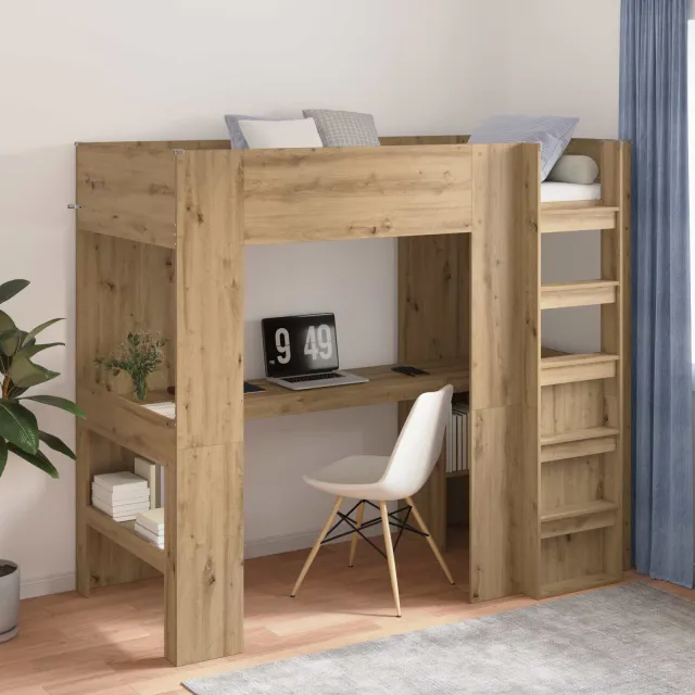 vidaXL Loft Bedframe met Bureau met plank Artisan Eiken 100 x 200 cm Bruin