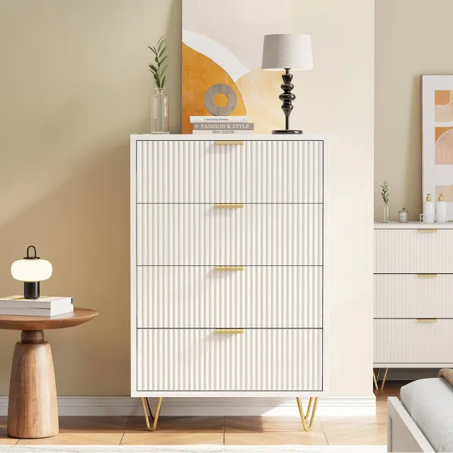 Yelenaro Commode met 4 lades - Opbergmeubel met gouden poten en gouden handgrepen - Moderne Ladekast - 60 x 34 x 91 cm - Wit