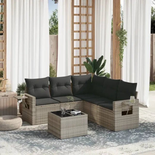 vidaXL 6-delige Loungeset met kussens poly rattan lichtgrijs grijs, foto 2