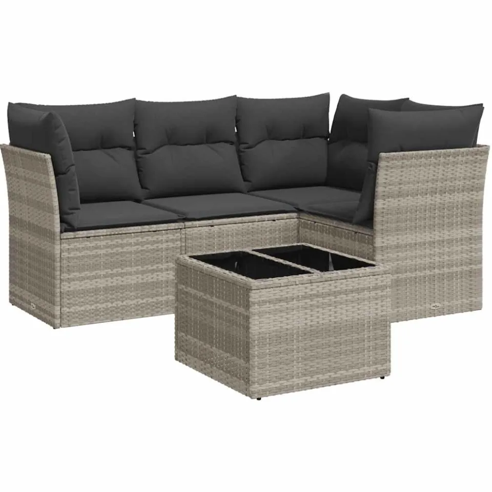 vidaXL 5-delige Loungeset met kussens poly rattan lichtgrijs grijs