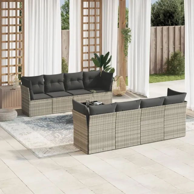 vidaXL 9-delige Loungeset met kussens poly rattan lichtgrijs grijs, foto 2