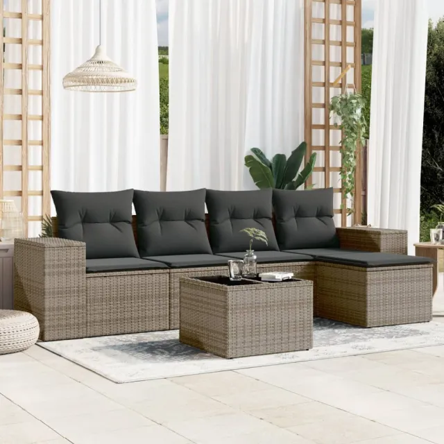 vidaXL 6-delige Loungeset met kussens poly rattan grijs, foto 2