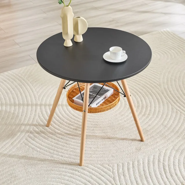 MODENUIT Eettafel - Ronde Tafel Met Opbergmand - Voor Eethoek En Balkon - Massief Hout En Zwart MDF - 80 Cm Zwart En Houtkleur