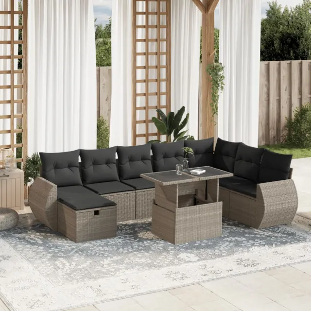 vidaXL 9-delige Loungeset met kussens poly rattan lichtgrijs grijs, foto 2