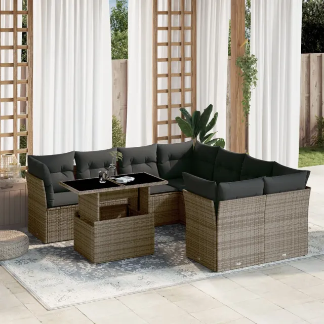 vidaXL 9-delige Loungeset met kussens poly rattan grijs, foto 2