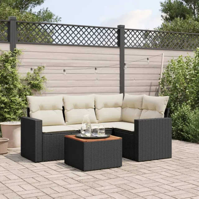 vidaXL 5-delige Loungeset met kussens poly rattan zwart, foto 2
