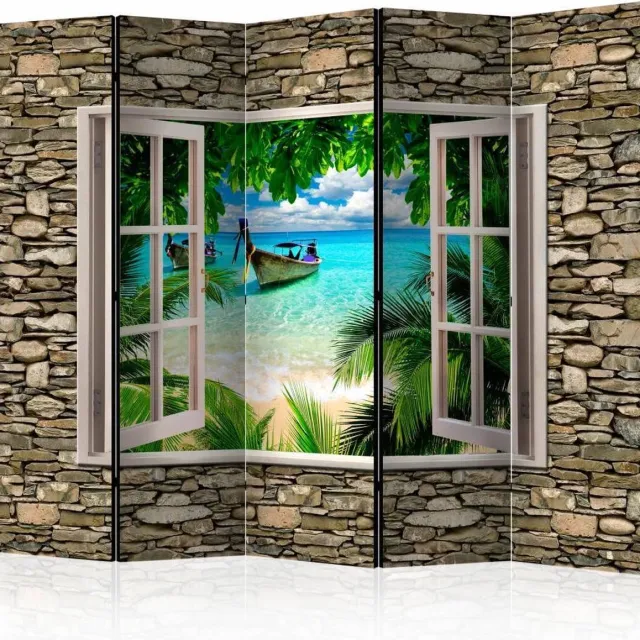 karo-art Vouwscherm - Uitzicht op tropisch strand 225x172cm , gemonteerd geleverd (kamerscherm) dubbelzijdig geprint Multikleur