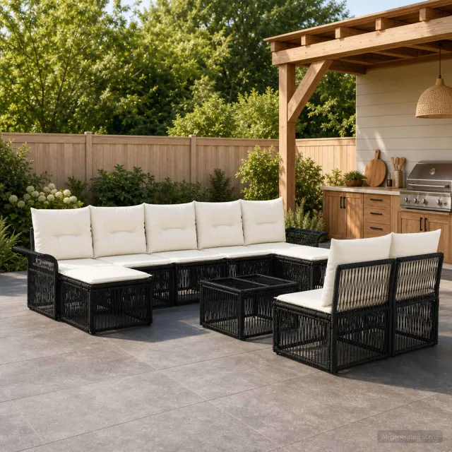 vidaXL Tuinbankenset 10 st Zwart poly rattan, foto 2