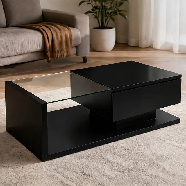 City long dragon LONG DRAGON - Salontafel - 105 cm zwart - hoogglans met gehard glazen blad, 16-kleurs LED-licht en opbergvak