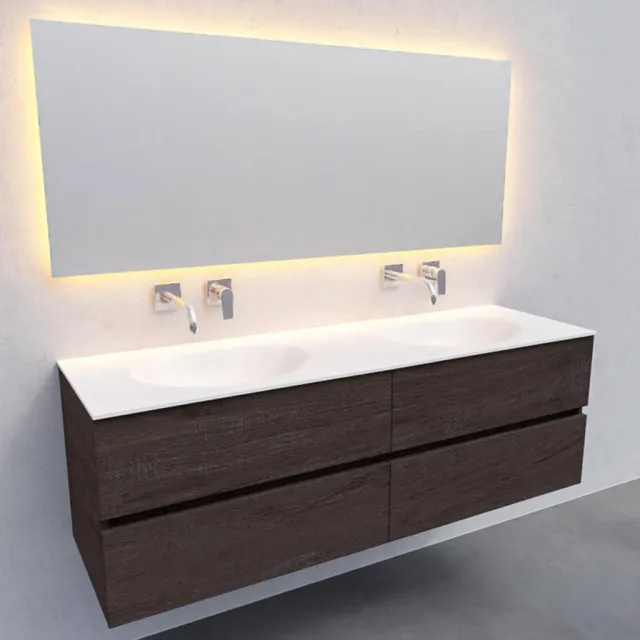 Boss & Wessing Badkamermeubel Solid Surface AQS Stockholm 150x46 cm Dubbel Wood Dark Brown 4 Laden Boss & Wessing Houtlook