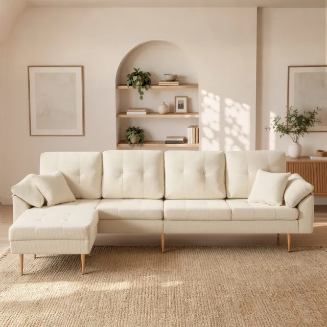 Pugsdrly Moderne 4-zits corduroybank met flexibele poef – vrij te combineren tot een L-vormige hoekbank, zachte, dikke zitkussens, 20 cm hoge ijzeren poten, royale loungebank voor de woonkamer, 250 cm Lichtbeige