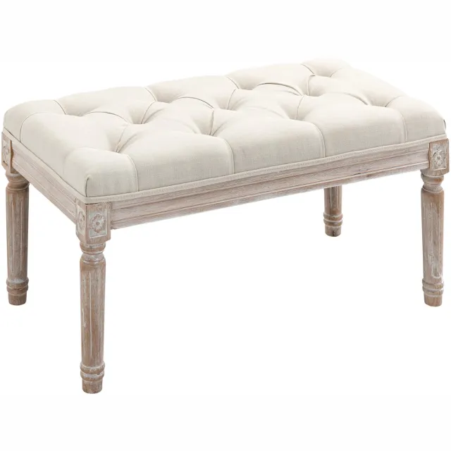 whiqutey Gepolsterde Zithocker – Voetenbankje Met Houten Frame, Stoffen Bekleding In linnenlook, 80 x 40 x 43 cm, Cremewit