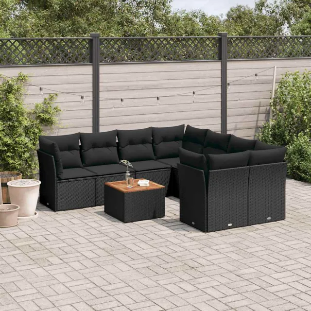 vidaXL 9-delige Loungeset met kussens poly rattan zwart, foto 2