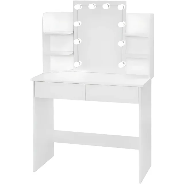 Happiq Kaptafel met LED Spiegel - Make-uptafel voor Slaapkamer - Met 2 Laden & 4 Opbergplanken - 90×40×125 cm Wit