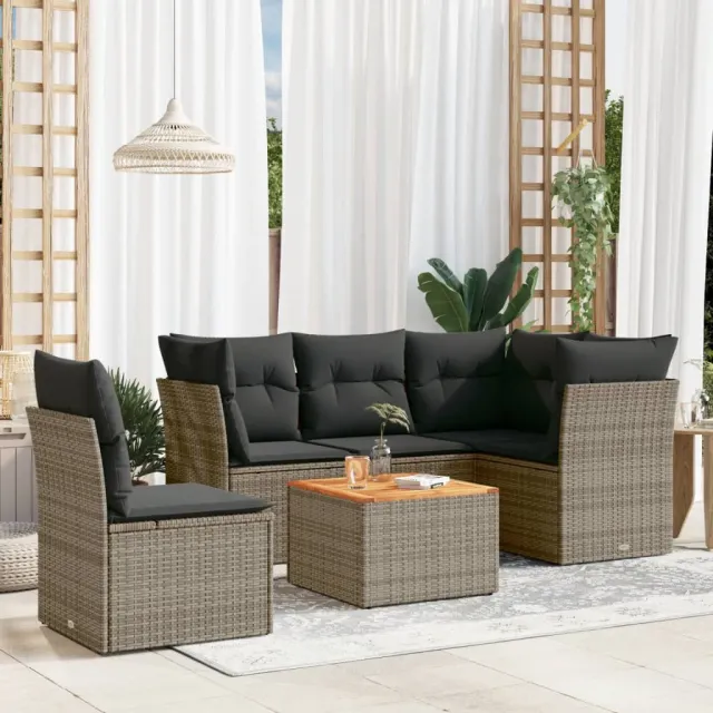vidaXL 6-delige Loungeset met kussens poly rattan grijs, foto 2