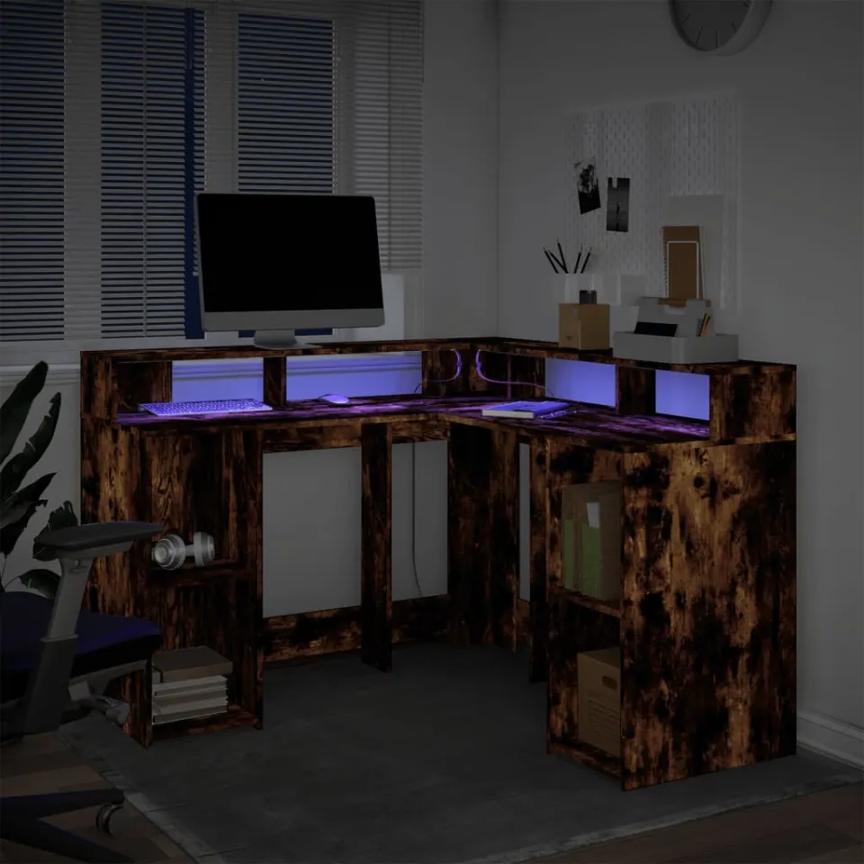 vidaXL Bureau met LED-verlichting 130x130x91 cm hout gerookt eiken, foto 4