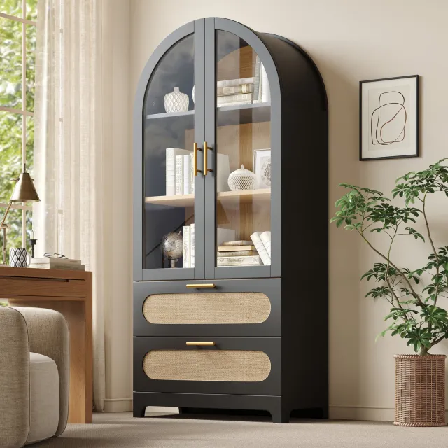 Clruro Vitrinekast - 80x40x175 cm - Boogvorm met Glazen Deuren - 2 Lades - MDF - Zwart