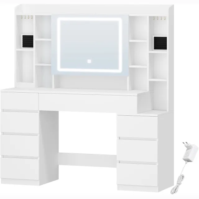 Atlasyx tafel - Make up - Kaptafel - Met spiegel en verlichting - Makeuptafel - Bureau - 8 Laden - 120 x 40 x 141 cm - Wit