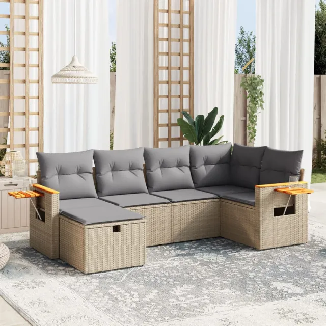 vidaXL 6-delige Loungeset met kussens poly rattan gemengd beige, foto 2