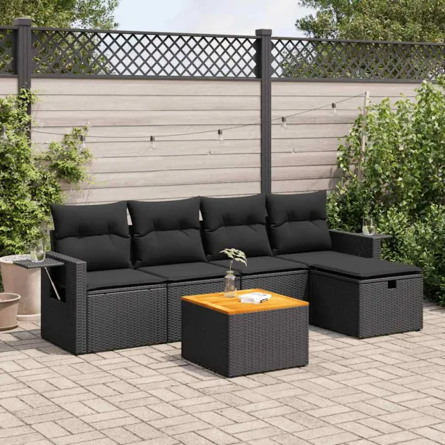 vidaXL 6-delige Loungeset met kussens poly rattan zwart, foto 2