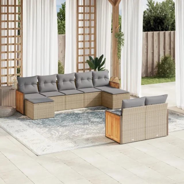 vidaXL 9-delige Loungeset met kussens poly rattan beige, foto 2
