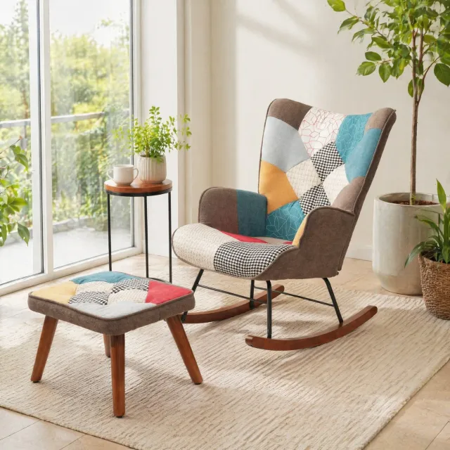 MODFU Schommelstoel Met Voetenbank - Gestoffeerd - Patchwork - Hout En IJzer - Veelkleurig Meerkleurig
