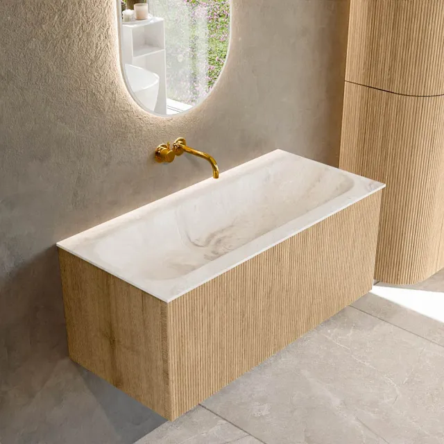 Mondiaz KURVE-DLUX 100 cm Onderkast Greeploos 1 Lade Zonder Deuren Oak, Wastafel Solid Surface Volledig Frappe 0 Kraangaten Zonder Spiegel (KRVBGM1001L0D0KM-Oak/Fra)