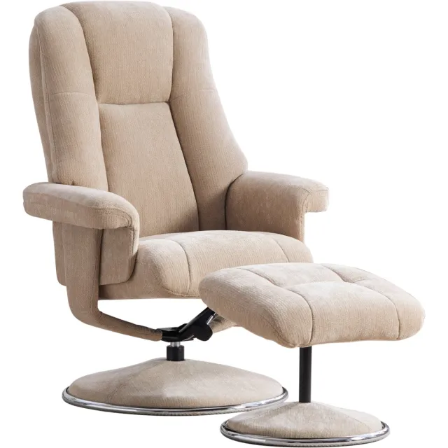 Merax Draaibare Relaxfauteuil met Voetenbank - Verstelbare Rugleuning 145° - Zachte Chenillestof - Metalen Voet - 360° Draaibaar - Licht Taupe Beige