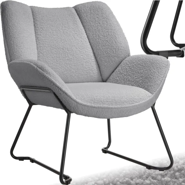 Tectake Loungefauteuil - Ronde relaxfauteuil - Teddyfauteuil - Gestoffeerde stoel - Bouclé bekleding - Leesfauteuil van pluche - Scandinavische stijl - lichtgrijs